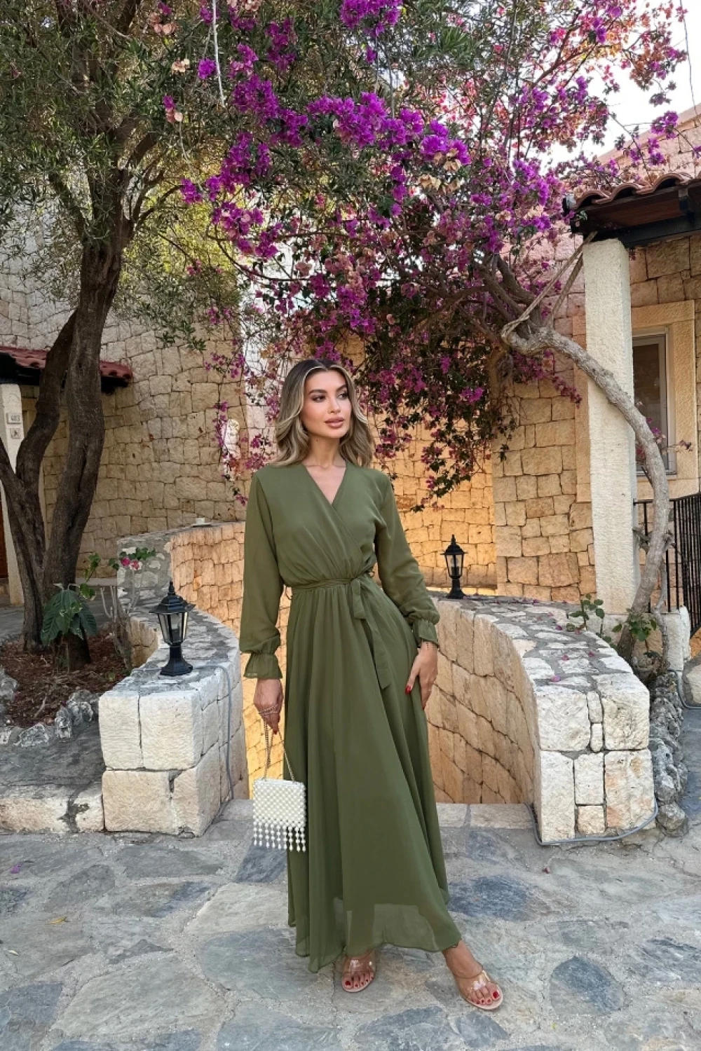 Uzun Düz Şifon Haki Elbise