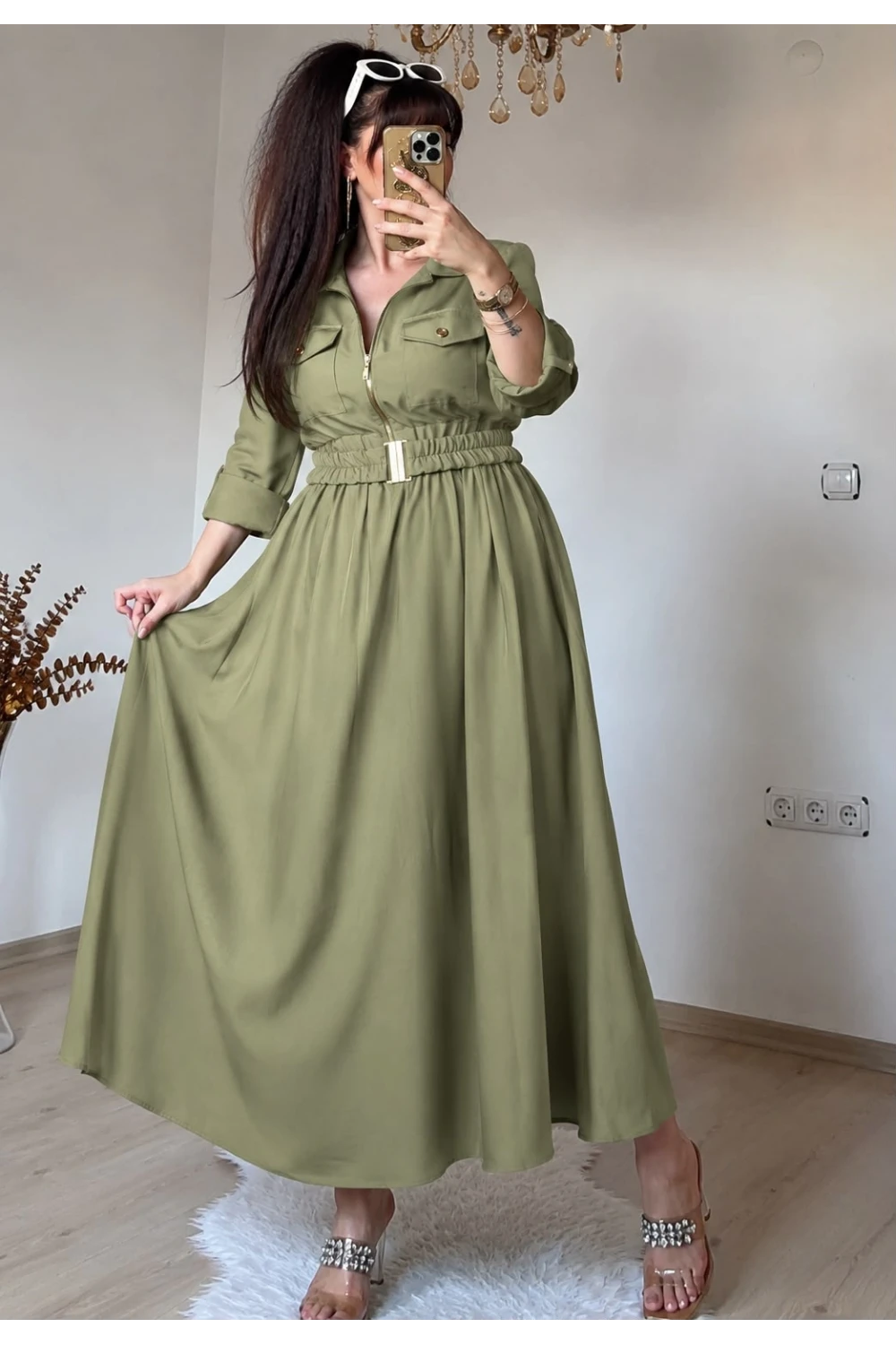 Yaka Cepli Spor Elbıse Yeşil