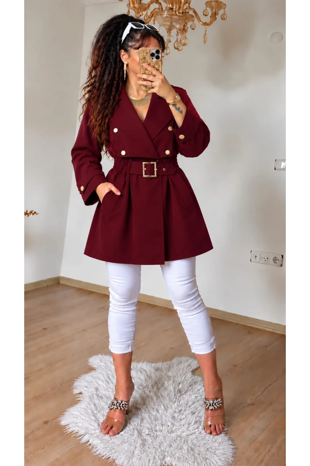 Yaka Detayli Bordo Trench