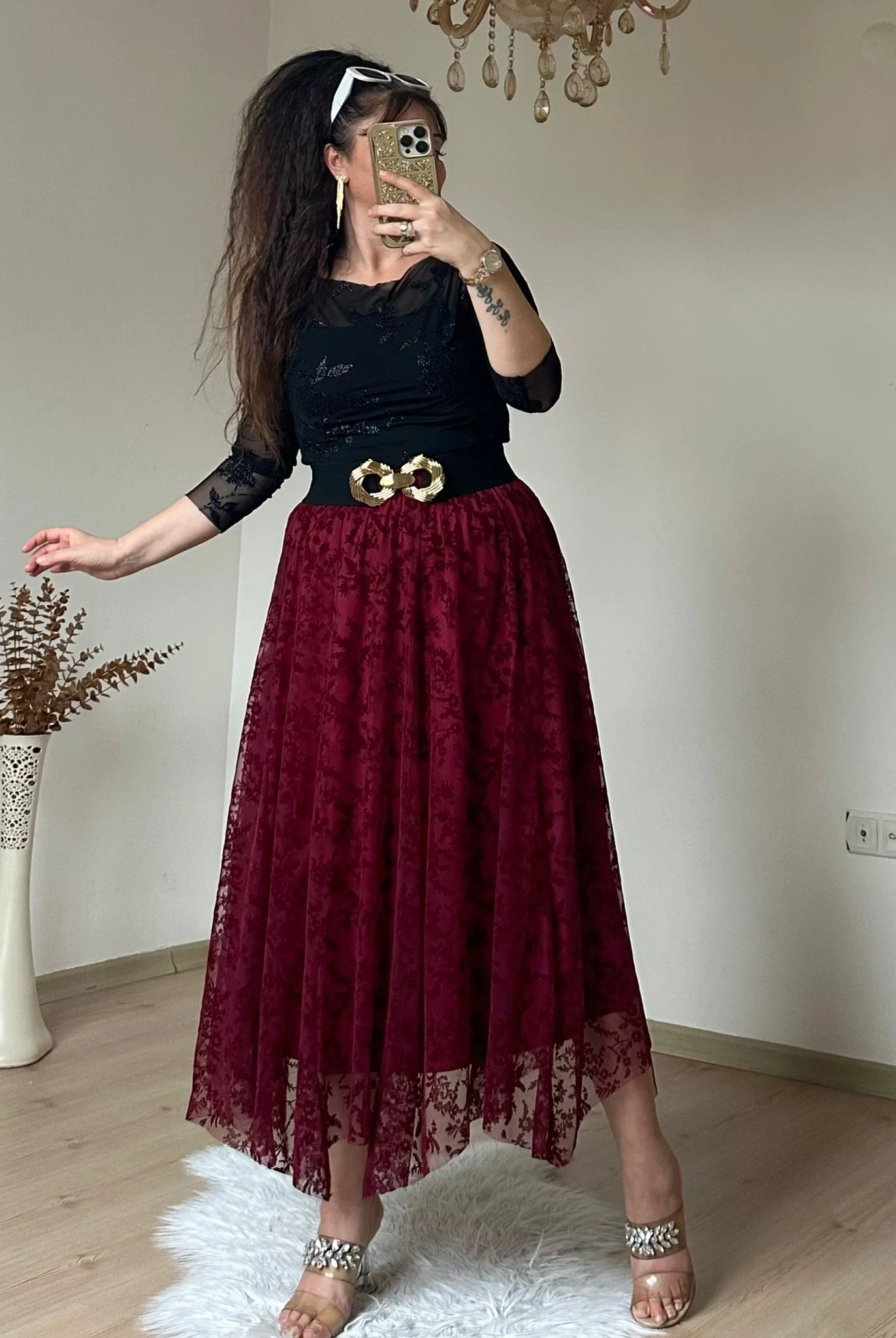 Flok Baskı Etek Bordo