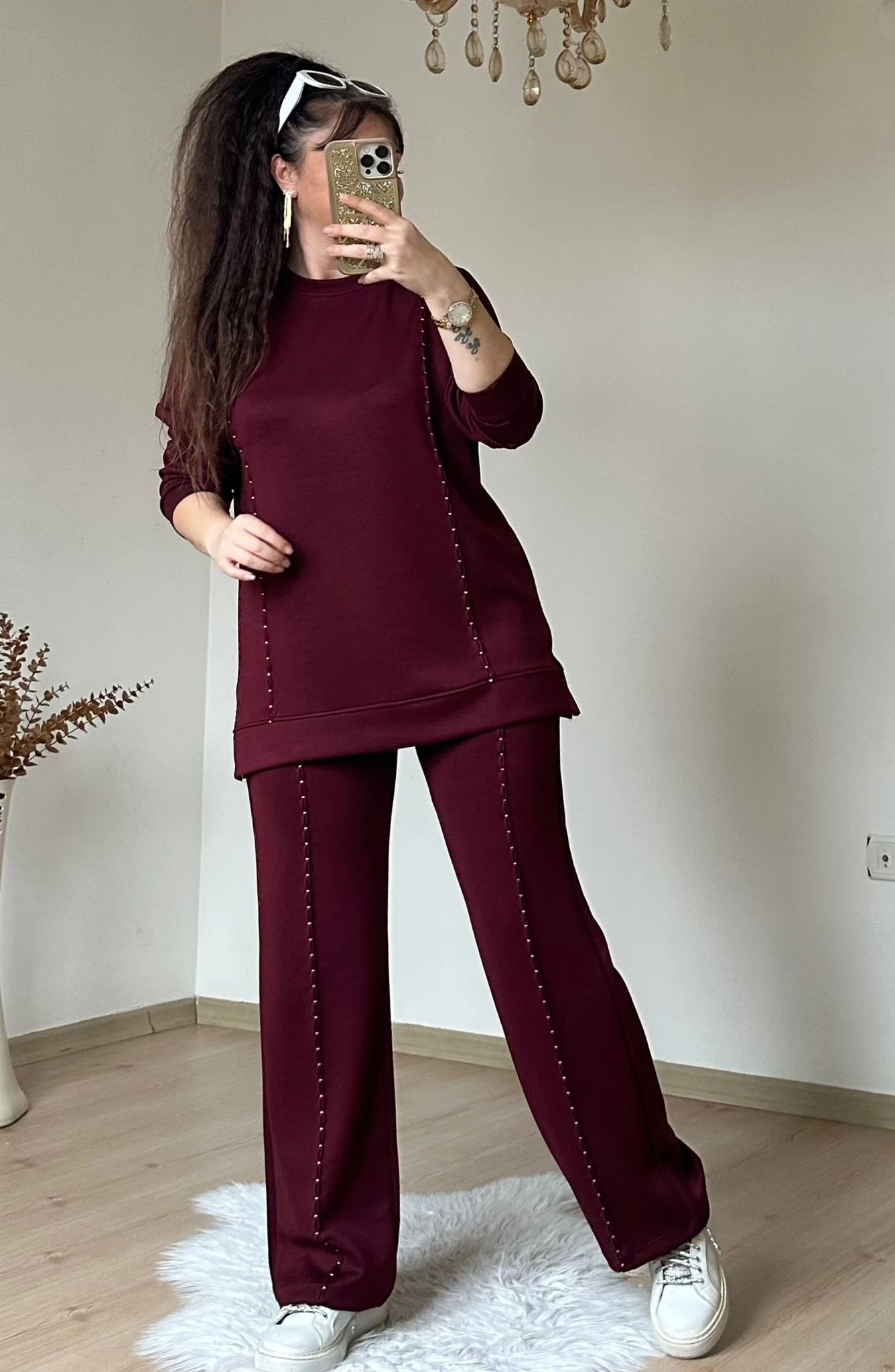 Ön Dikiş Aksesuarlı Takım Bordo