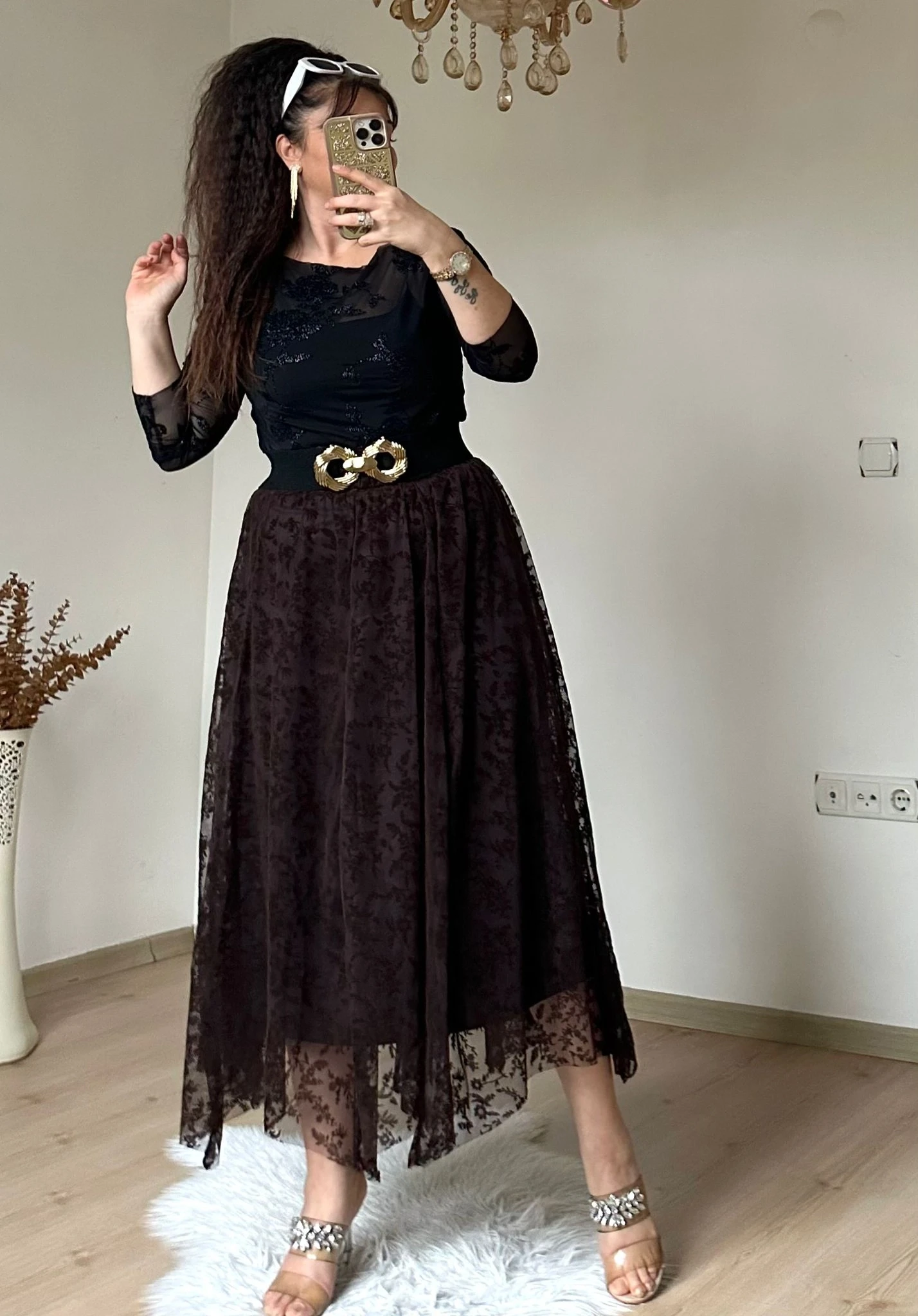 Flok Baskı Etek Kahve