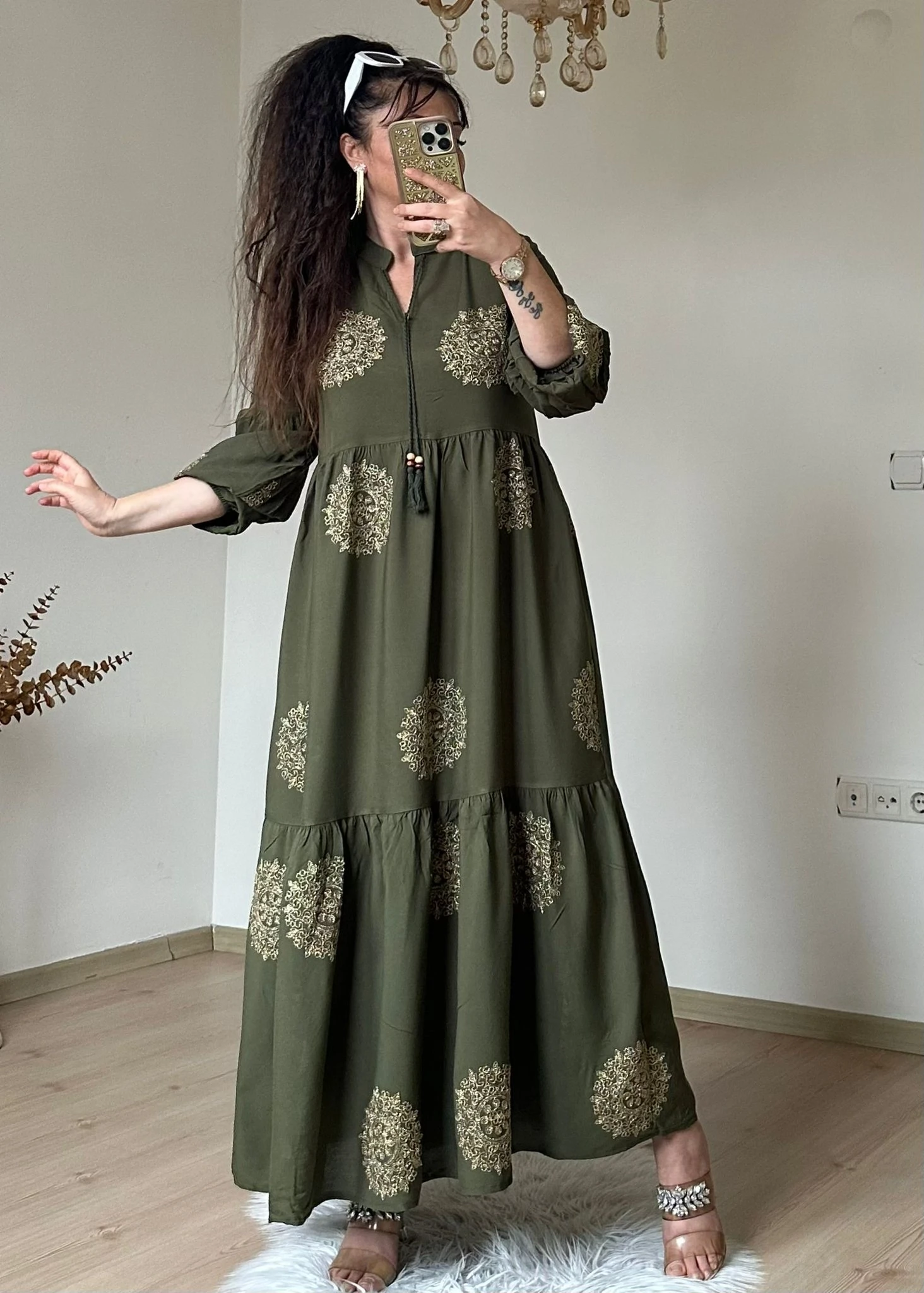 Simli İşlemeli Salaş Elbise Haki