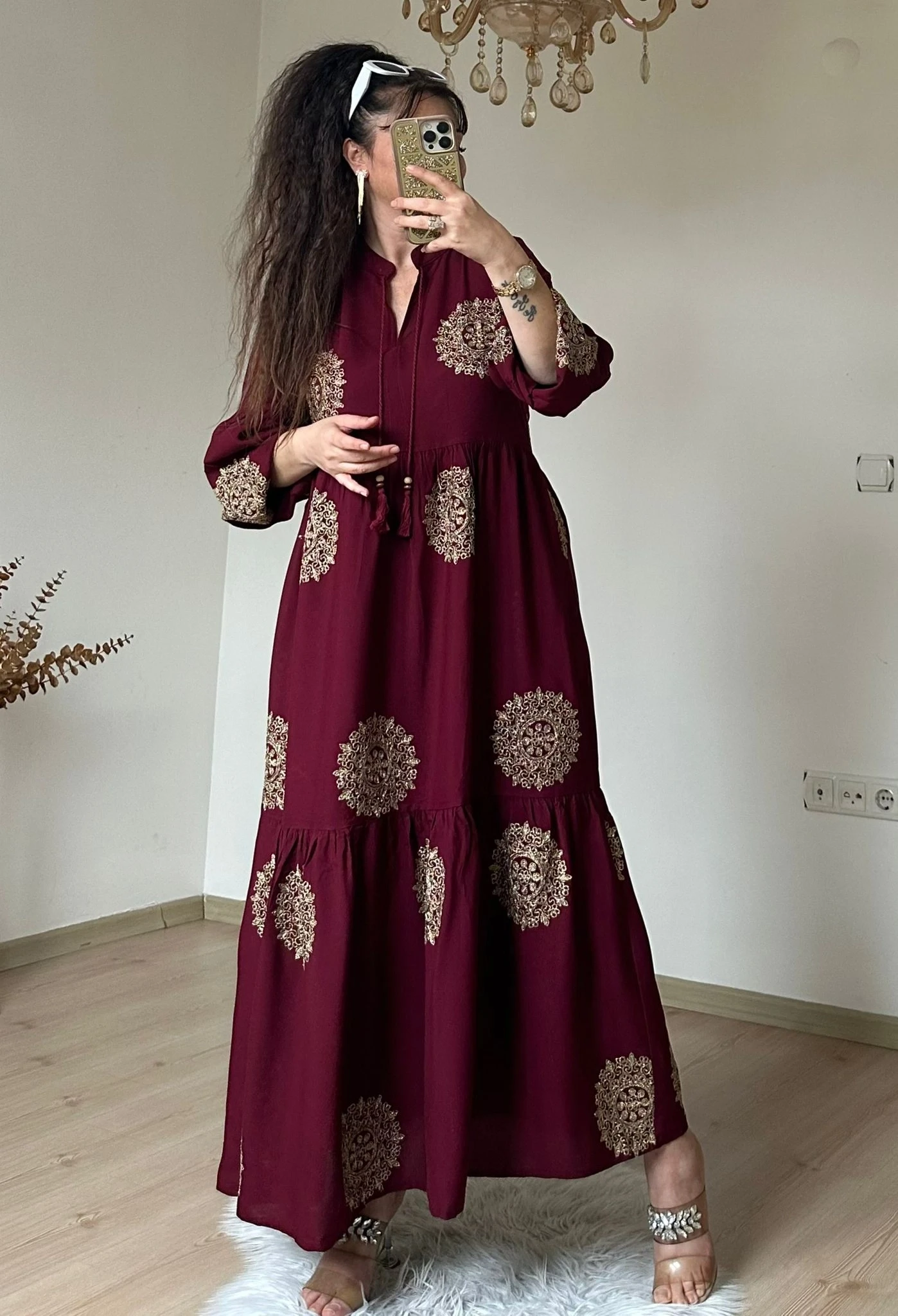 Simli İşlemeli Salaş Elbise Bordo