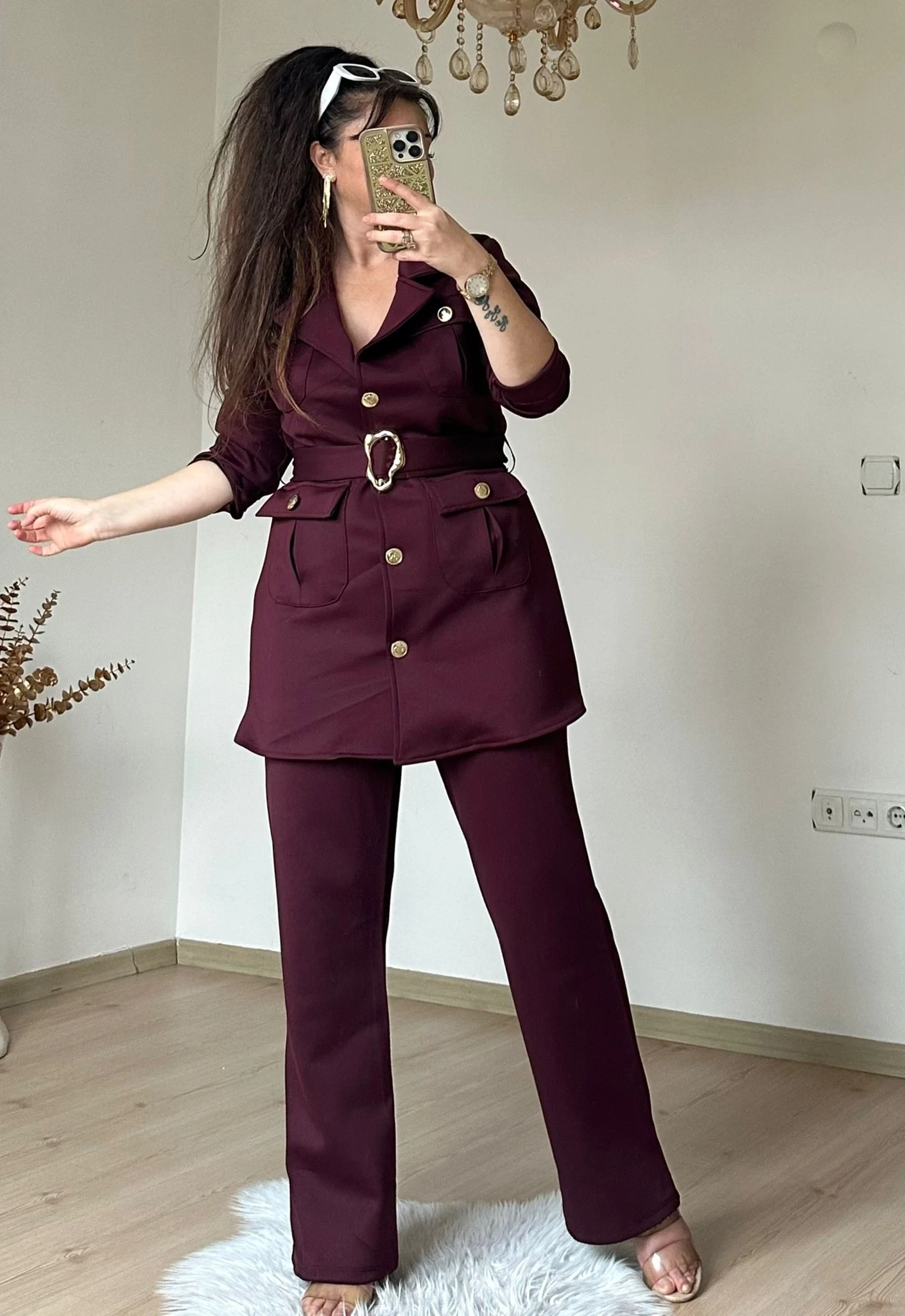 Kemerli Gold Dügmelı Takım Bordo