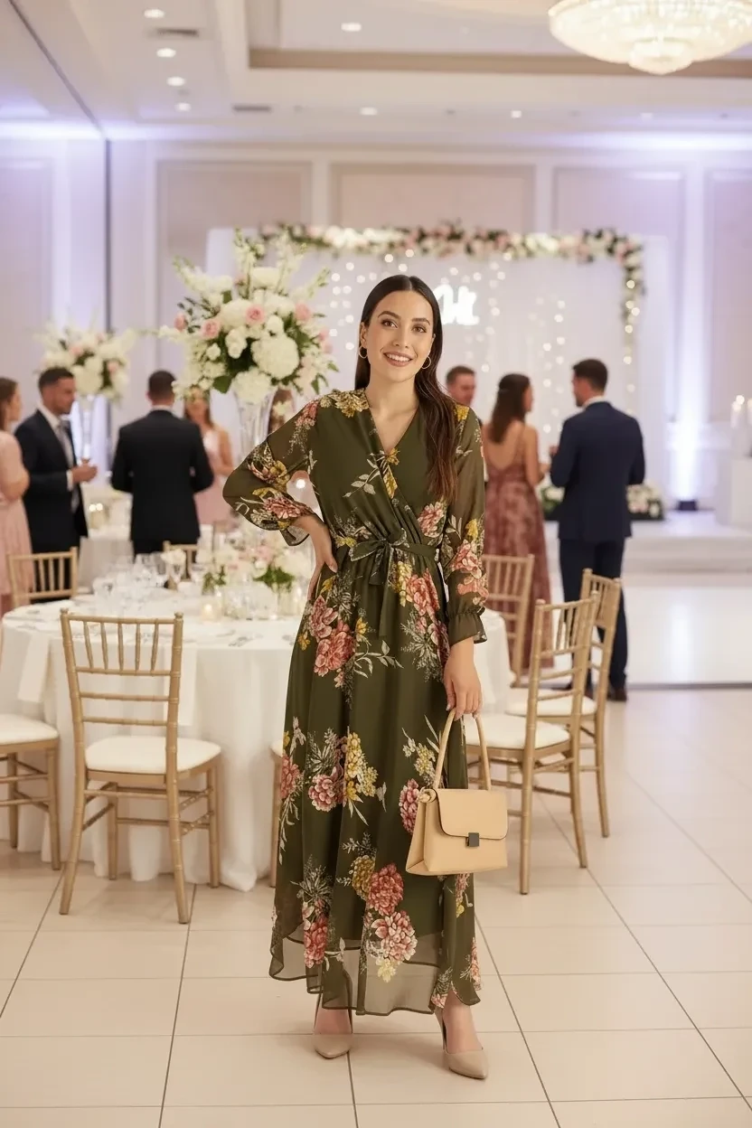 Uzun çiçekli Şifon Elbise - Haki