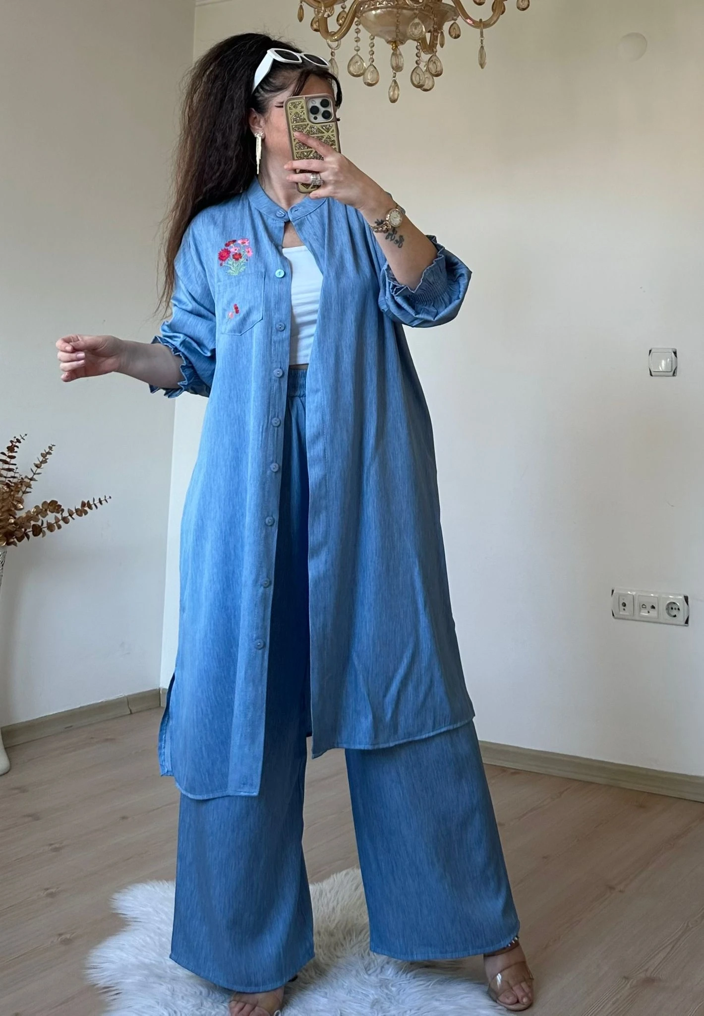 Yaka Nakış İşlemeli Takım Mavi