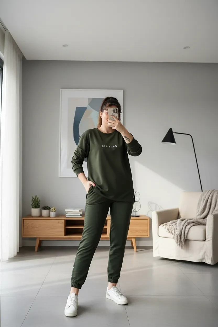 Uzun Kol Yan Çıtçıtlı Haki Takım