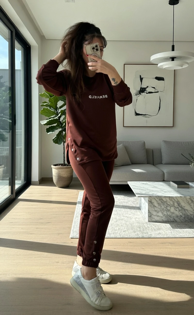 Uzun Kol Yan Çıtçıtlı Kahve Takım