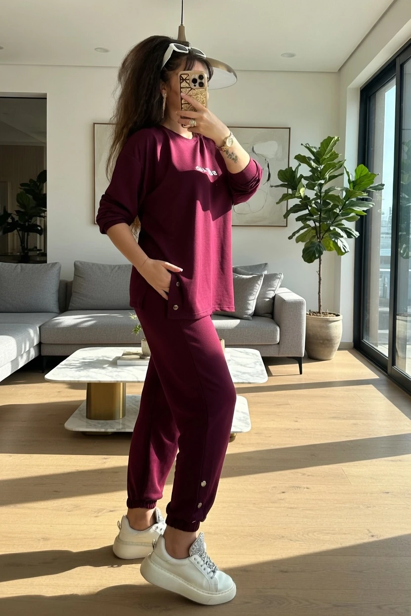 Uzun Kol Yan Çıtçıtlı Mürdüm Takım