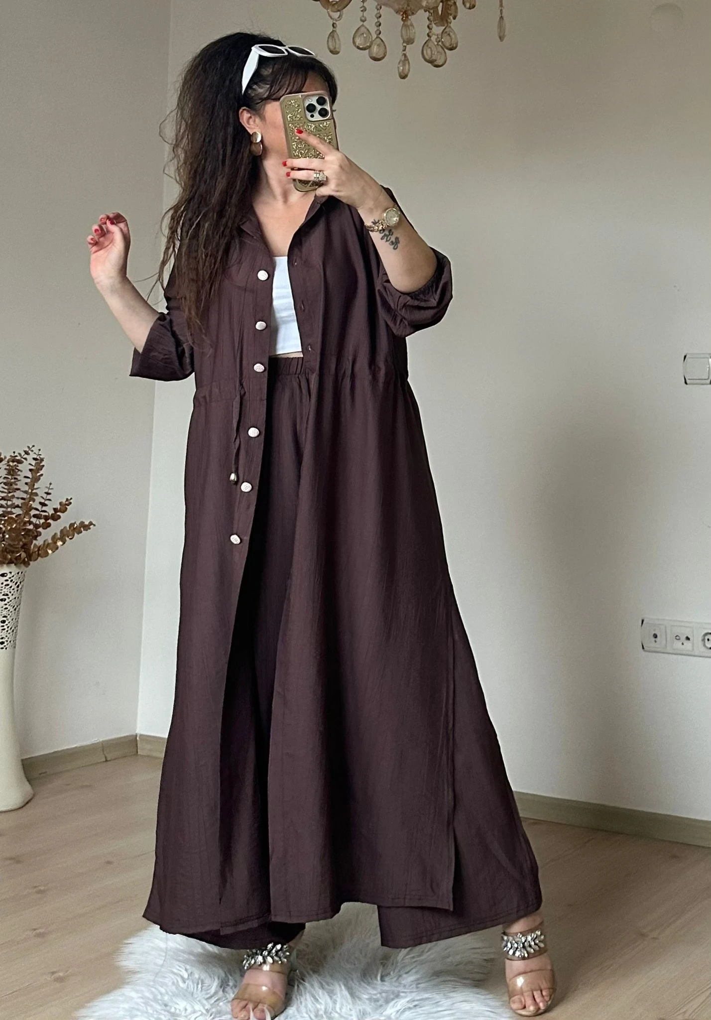 Bel Bağcıklı Tunık Takım Kahve