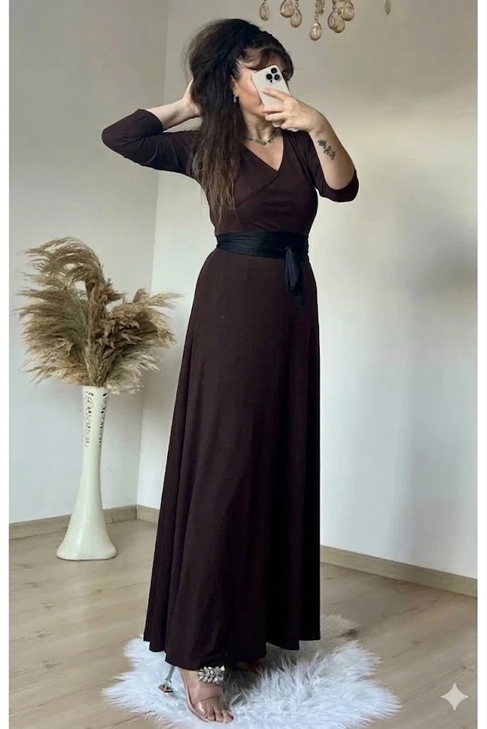 Tam Boy Kemerli Düz Elbise Kahve