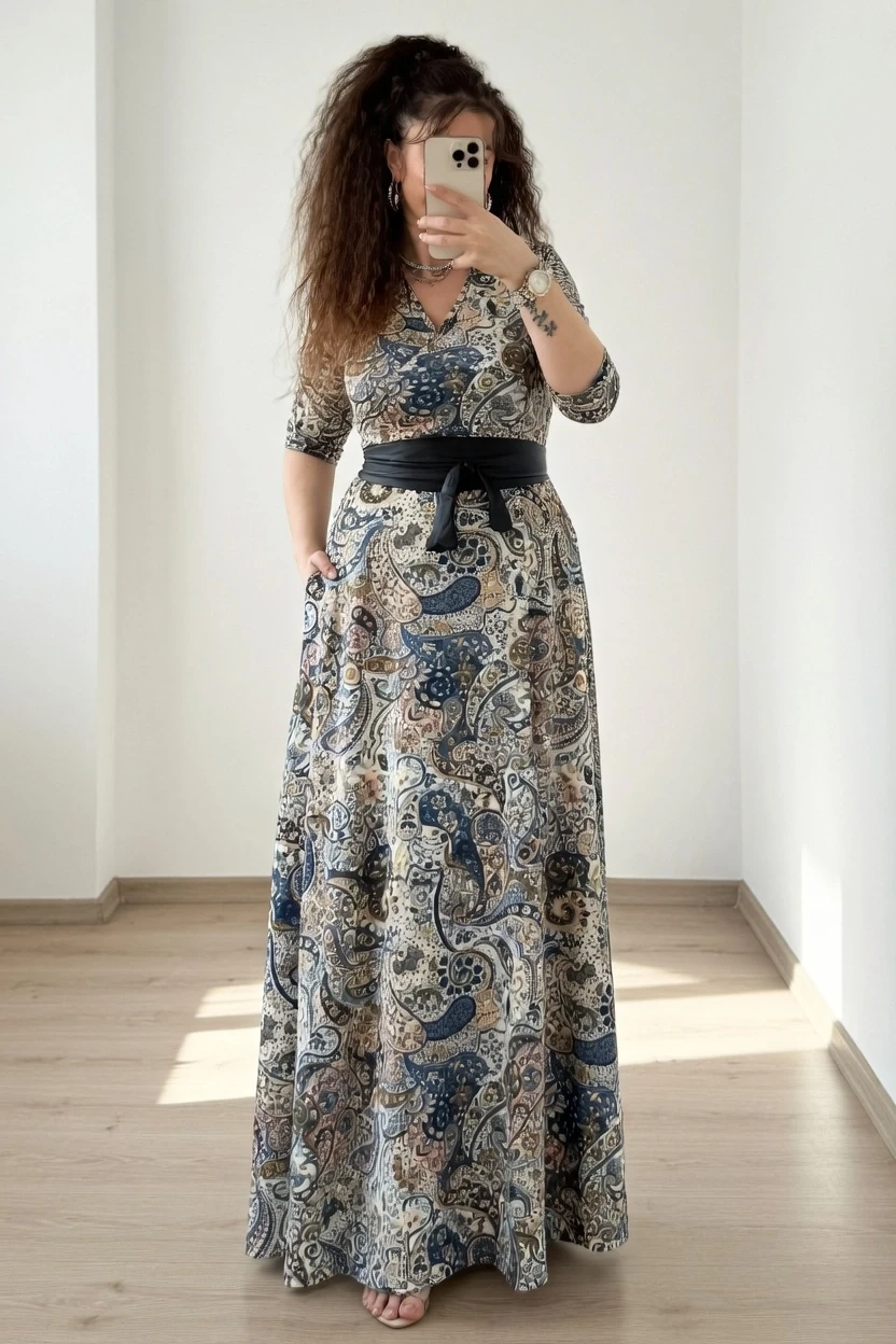 Tam Boy Mavi Şal Desen Elbise