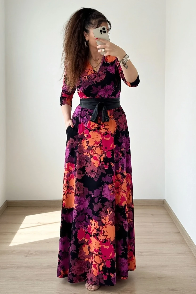 Tam Boy Mor Çiçek Elbise