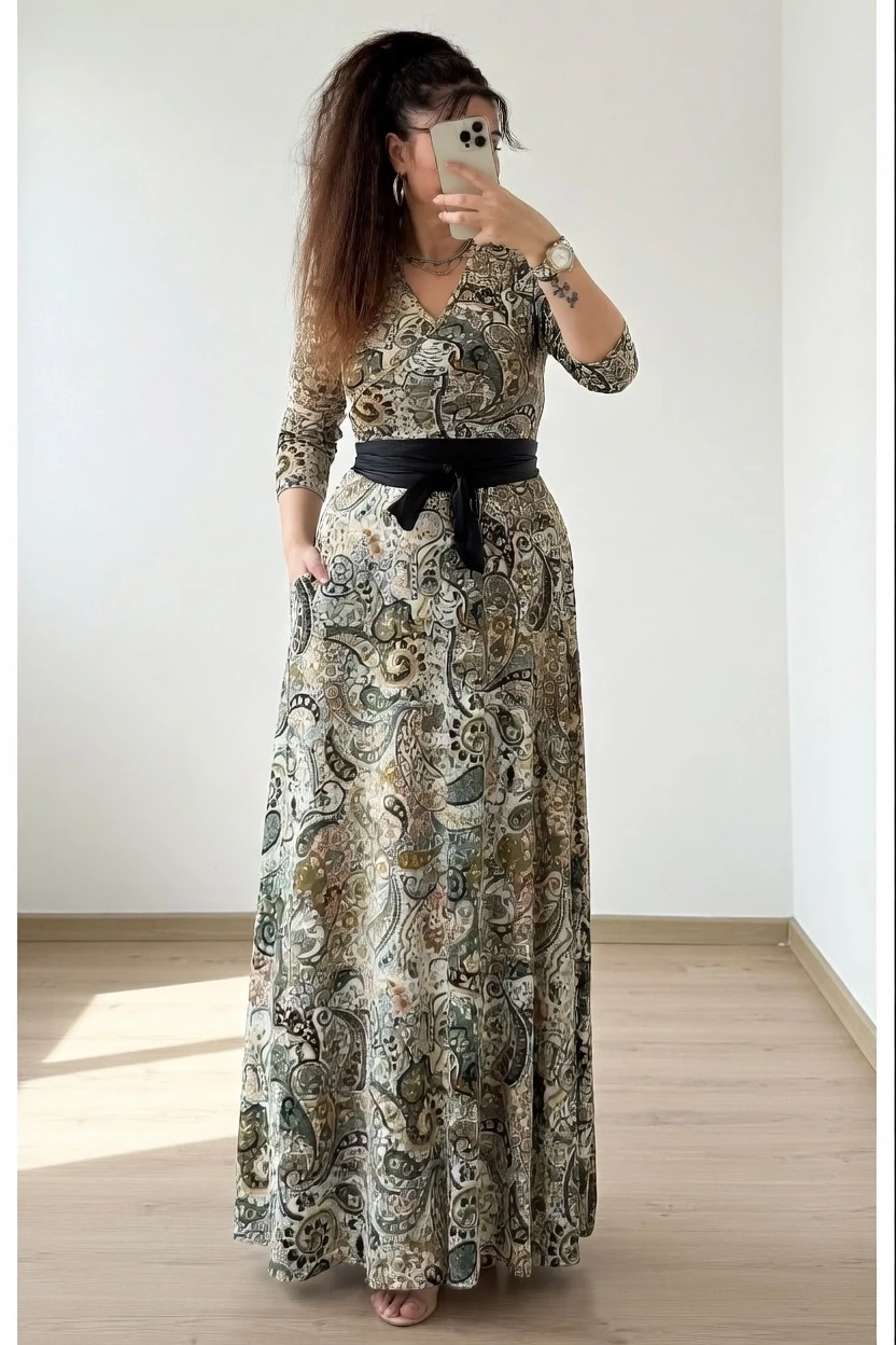 Tam Boy Yeşil Şal Desen Elbise