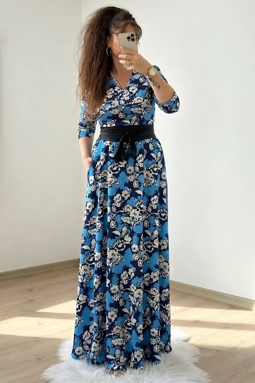 Tam Boy Mavi Çiçek Elbise