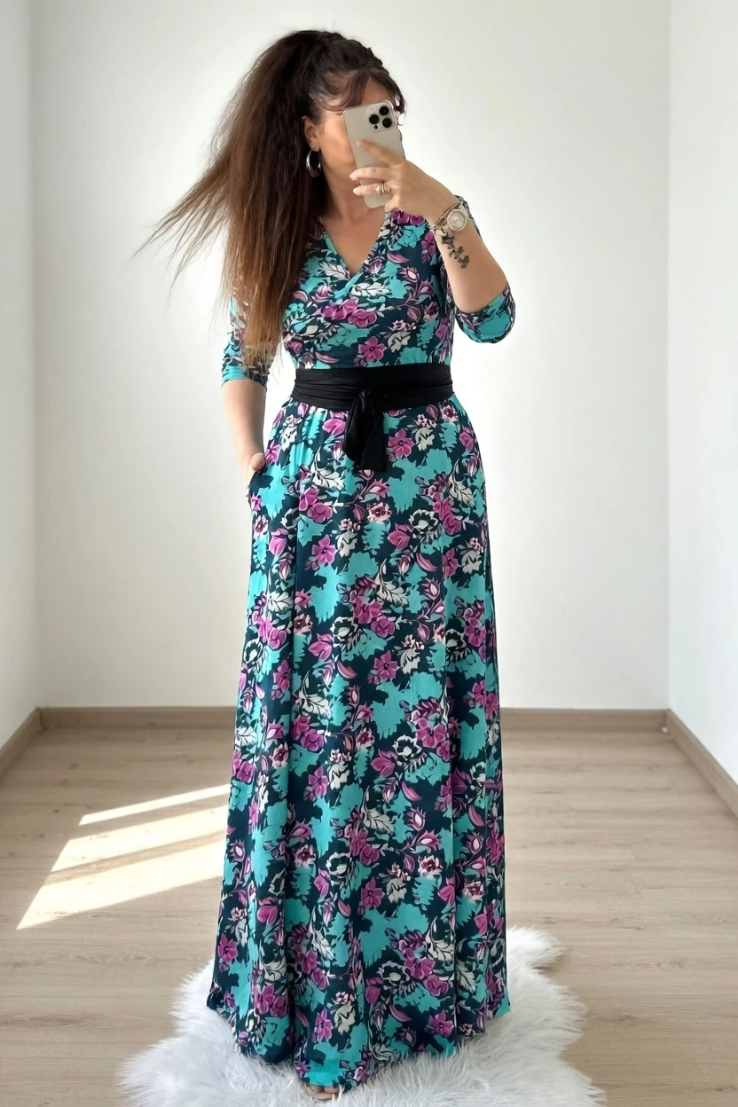 Tam Boy Yeşil Çiçek Elbise