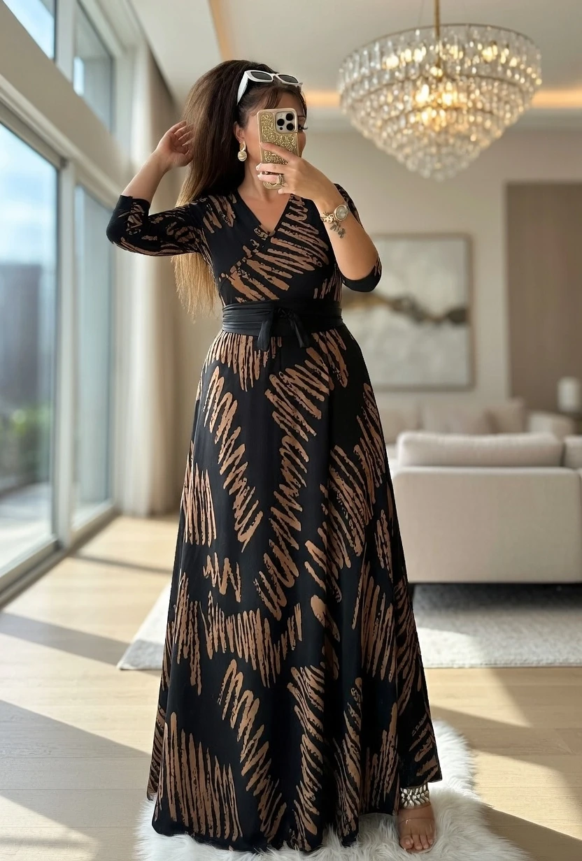 Tam boy Süet Kahve Zikzak Desen Elbise