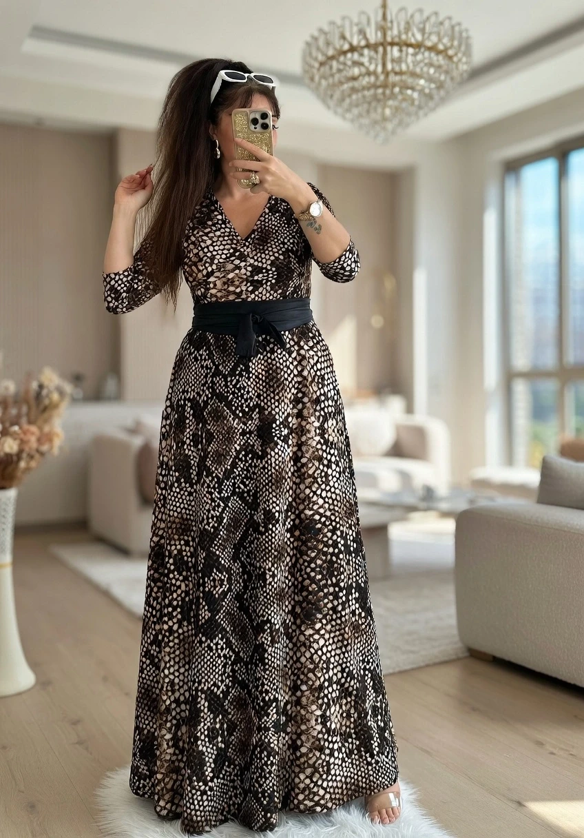 Tam boy Süet Yılan Derisi Desen Elbise