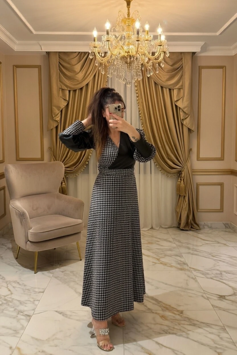 Kruvaze Yakalı Kazayağı Desen Deri Detay Ekose Elbise Gri