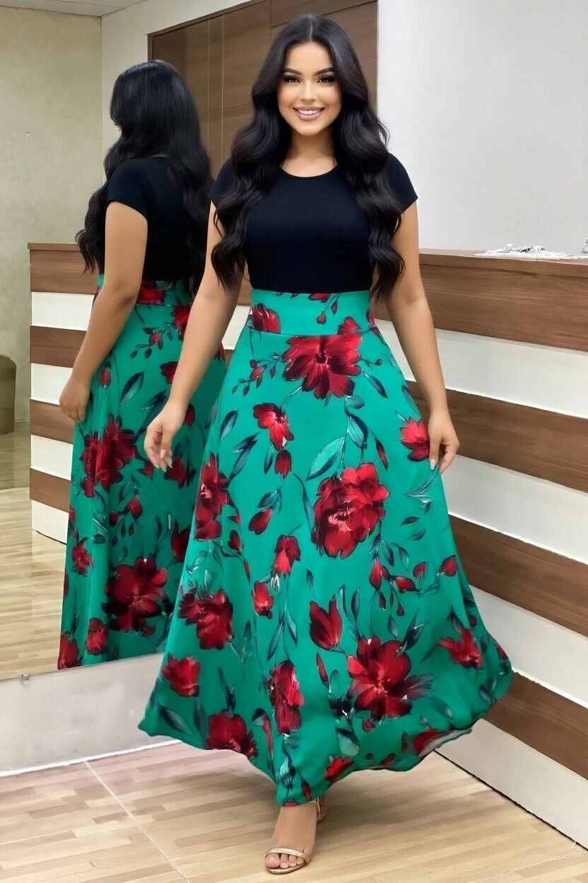 Yeşil İri Gül Desen Viskon Elbise