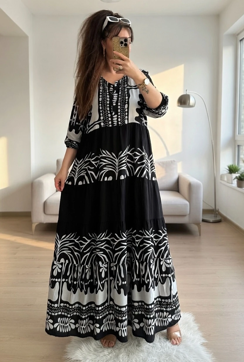 Beyaz Desen Salaş Elbise