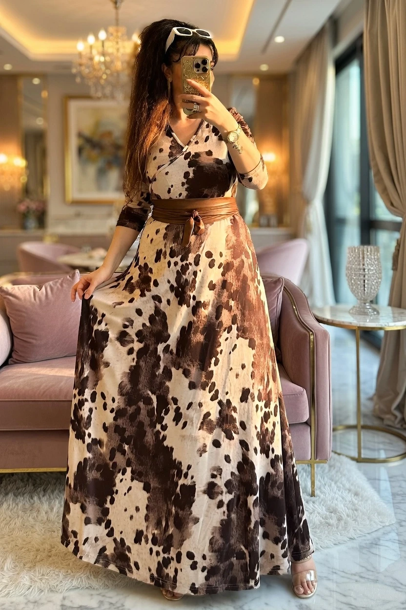 Tam Boy Dalmaçya Desen Kahve Elbise