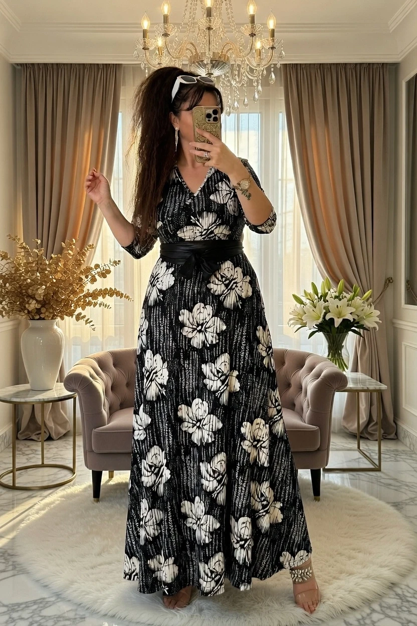 Tam Boy Beyaz Çiçek Elbise