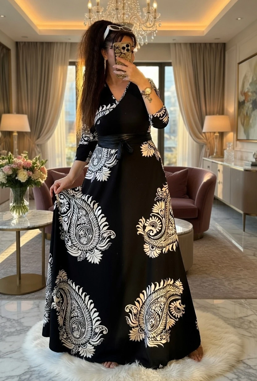 Tam Boy Beyaz Şal Desen Elbise