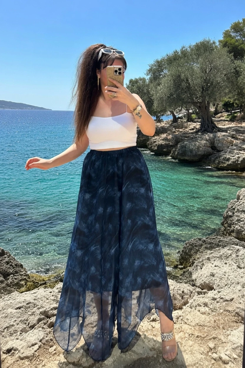 Eteği Çapraz Mavi Desen Şifon Etek