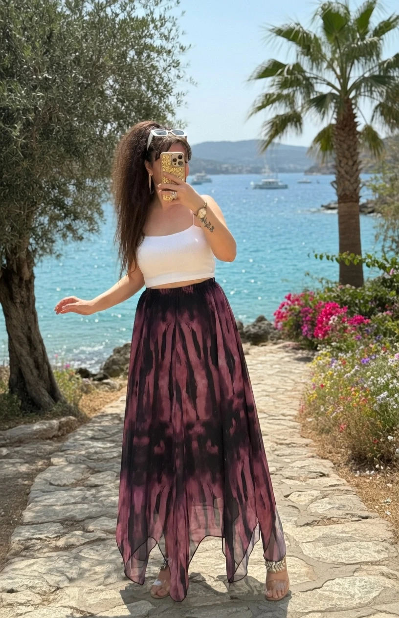 Eteği Çapraz Pembe Desen Şifon Etek