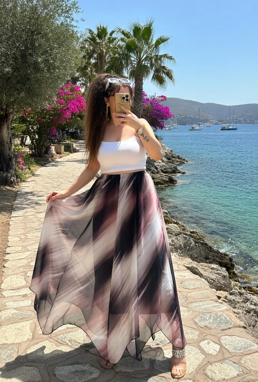 Eteği Çapraz Beyaz Desen Şifon Etek