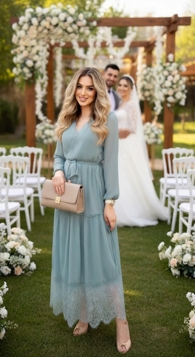 Uzun Kol Etek Ucu Güpürlü Elbise - SU YEŞİLİ