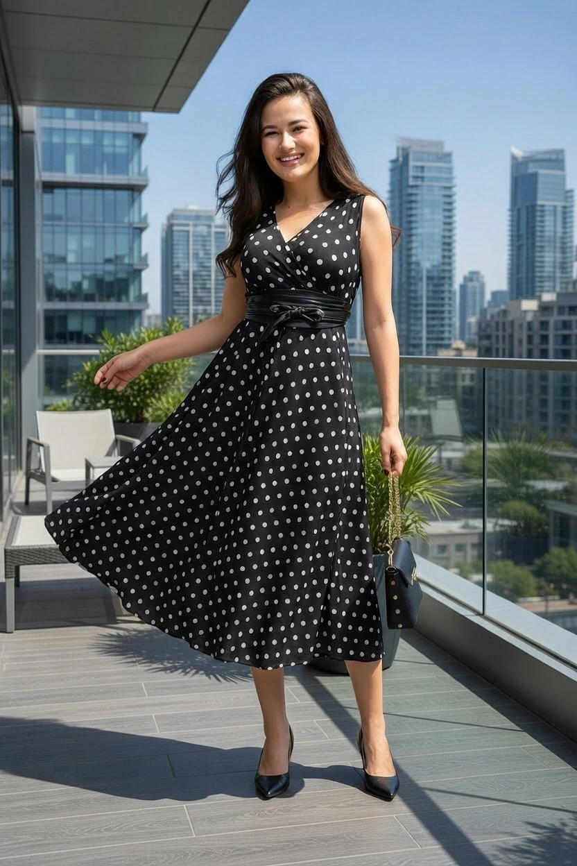 Sıfır Kol Puantiyeli Krep Elbise