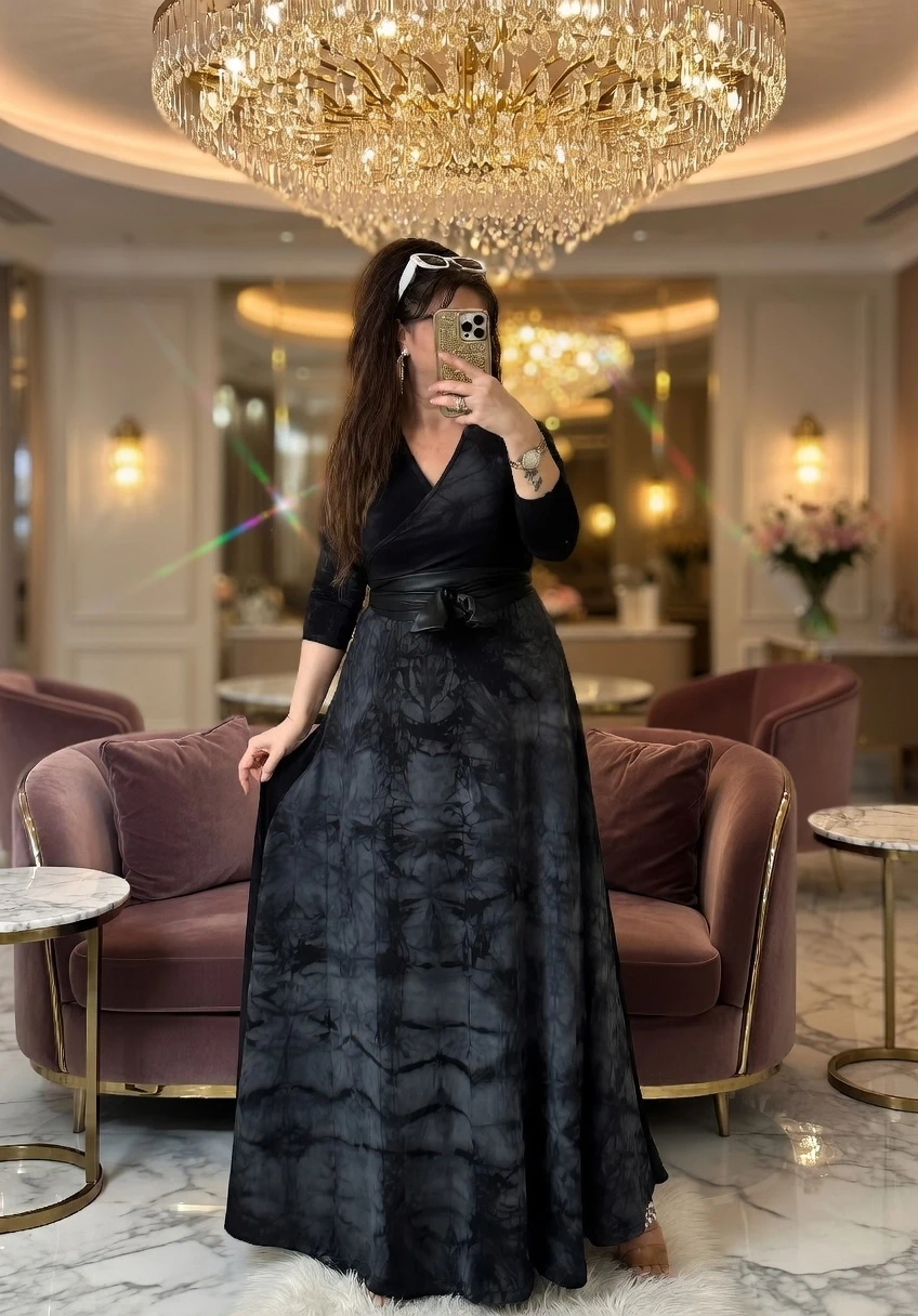 Tam Boy Füme Dalga Desen Elbise