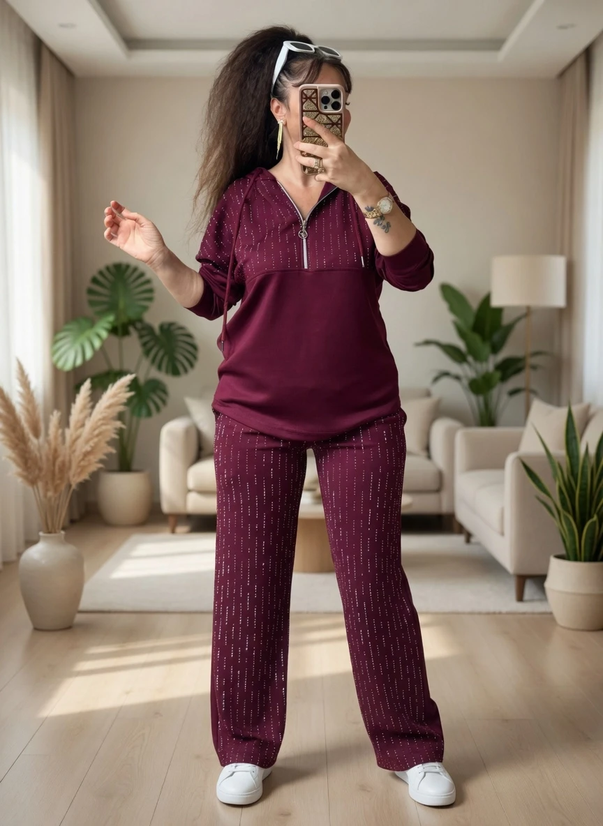 Kapusonlu Taşlı Takım Bordo Büyük Beden