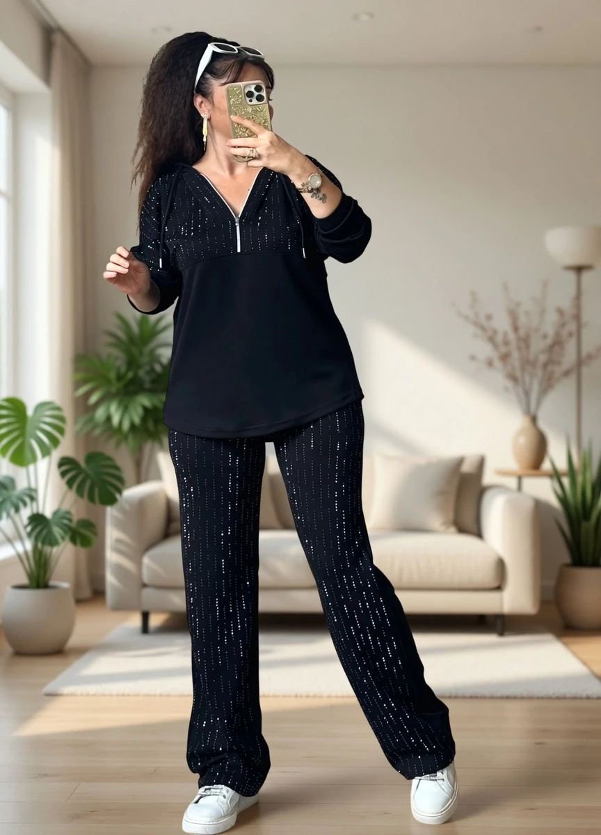 Kapusonlu Taşlı Takım Siyah Büyük Beden