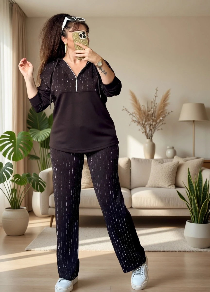 Kapusonlu Taşlı Takım Kahve Büyük Beden