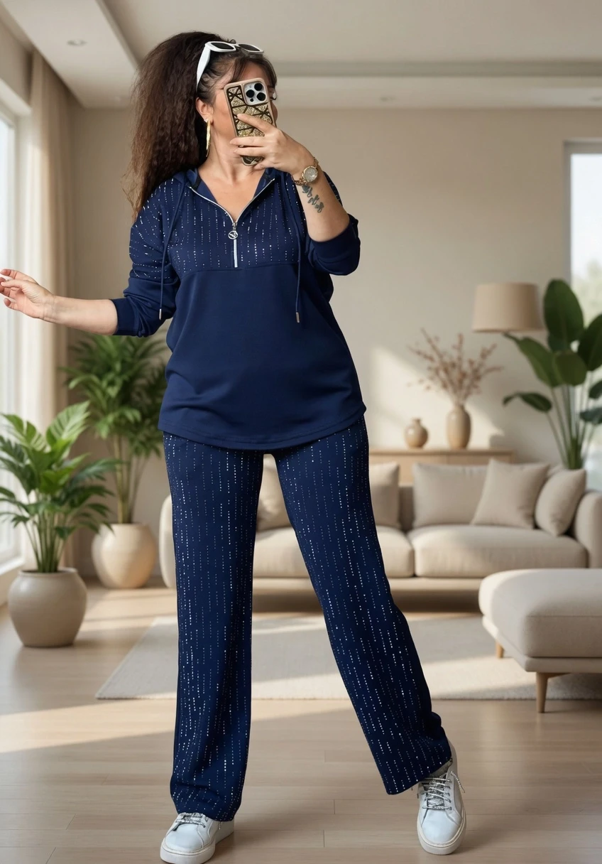 Kapusonlu Taşlı Takım Lacivert Büyük Beden