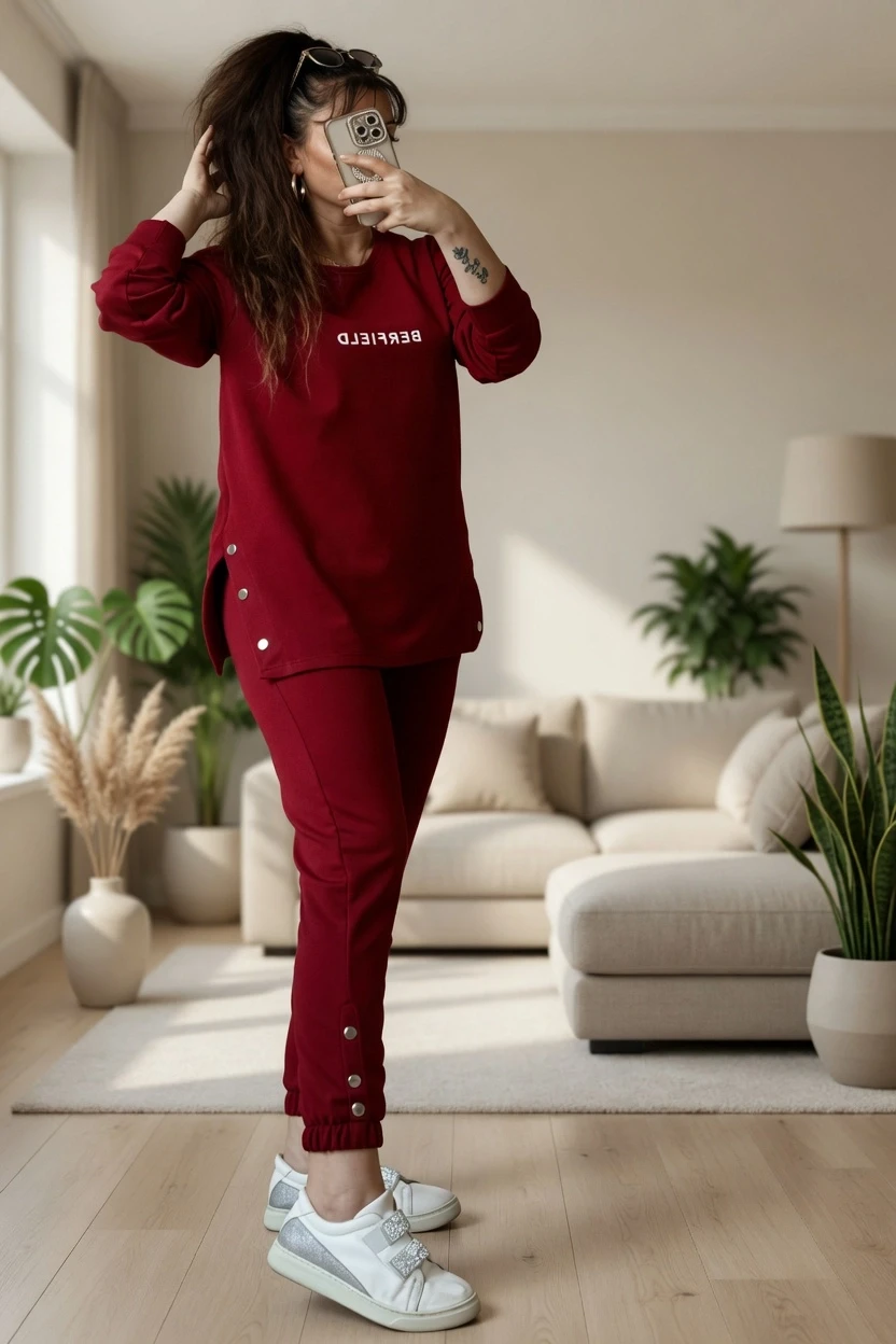 Uzun Kol Yan Çıtçıtlı Bordo Takım