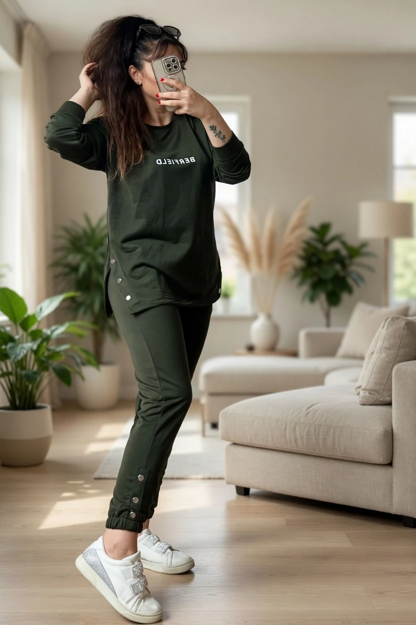 Uzun Kol Yan Çıtçıtlı Haki Takım