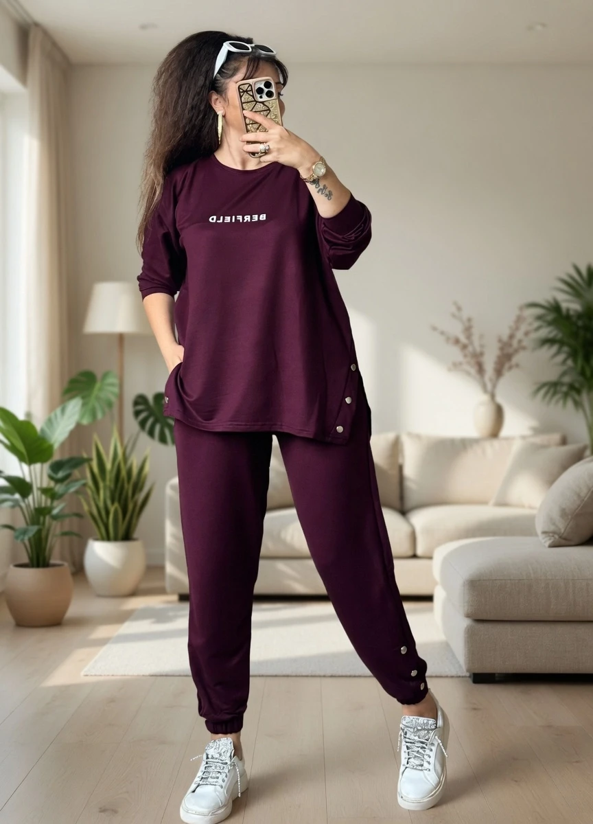 Uzun Kol Yan Çıtçıtlı Mürdüm Takım