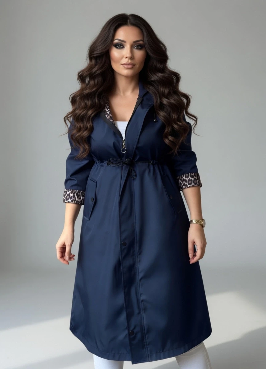 Patlı Trençkot Lacivert Büyük Beden