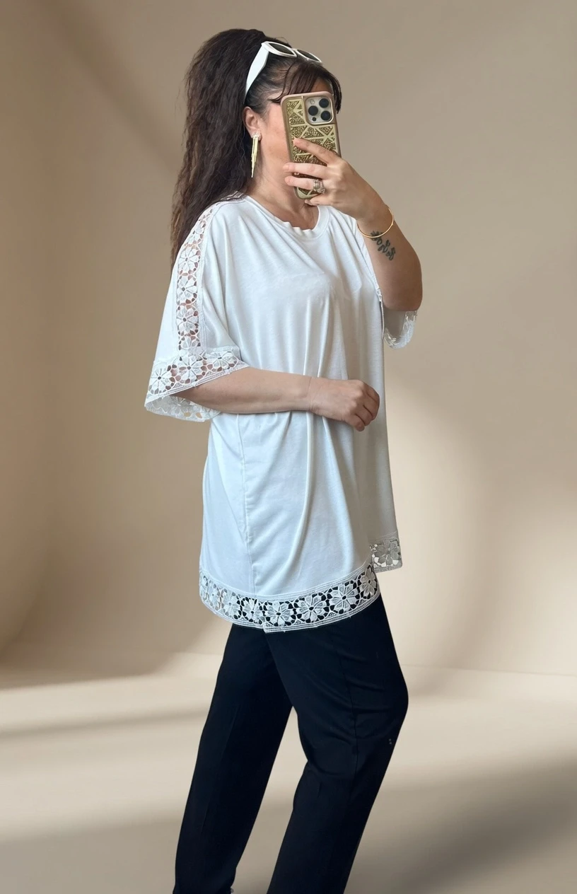 Kol Ve Etek Ucu Dantel Detaylı Takım Beyaz