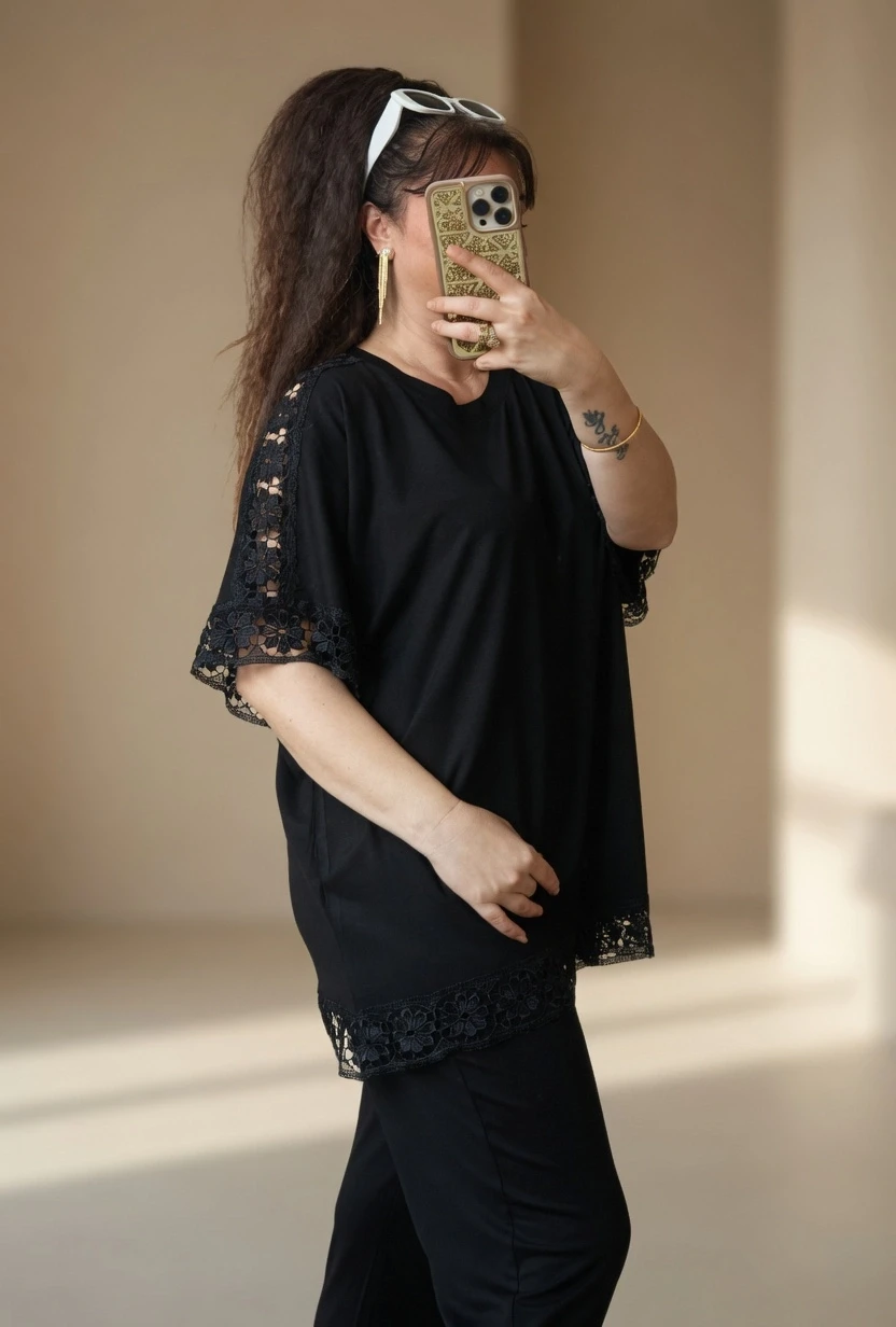 Kol Ve Etek Ucu Dantel Detaylı Takım Siyah