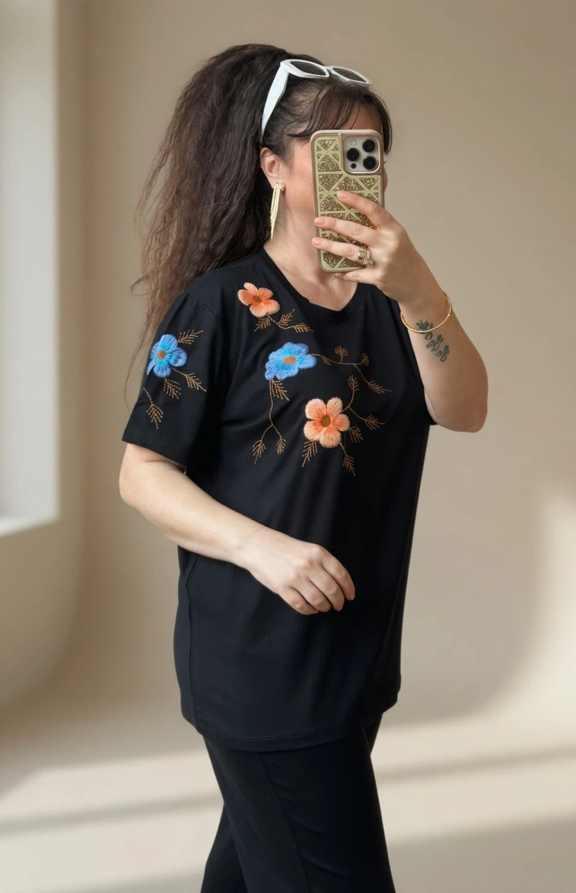 Omuz Nakış İşlemelı Takım Siyah