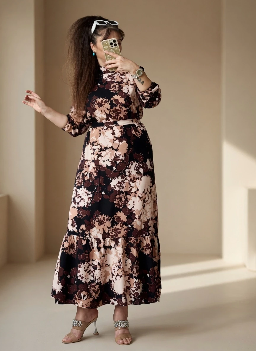 Balıkçı Yaka Kahve Çıceklı Elbise