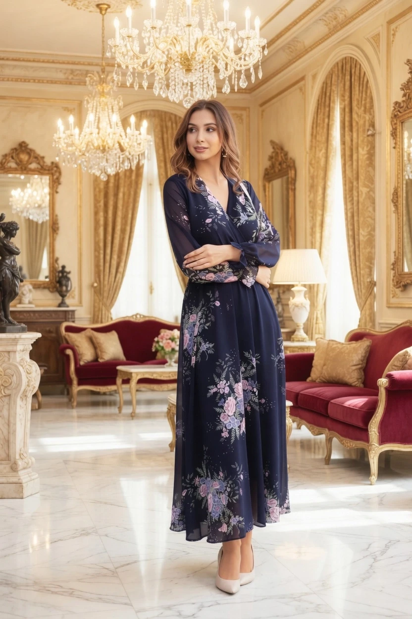 Uzun çiçekli Şifon Elbise - Laci