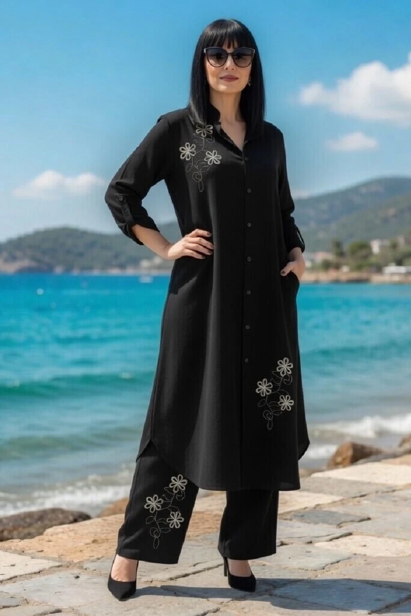 Papatya Nakışlı Takım Siyah