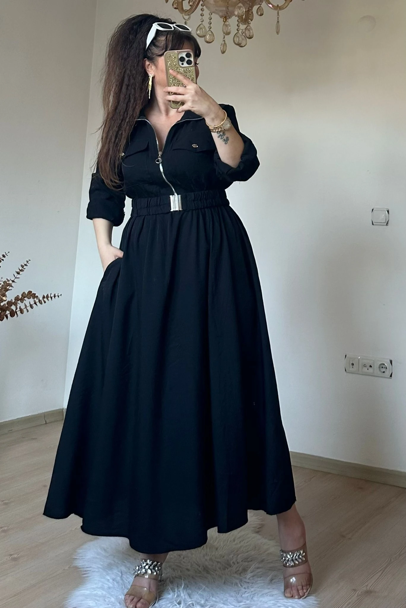 Yaka Cepli Spor Elbıse Siyah